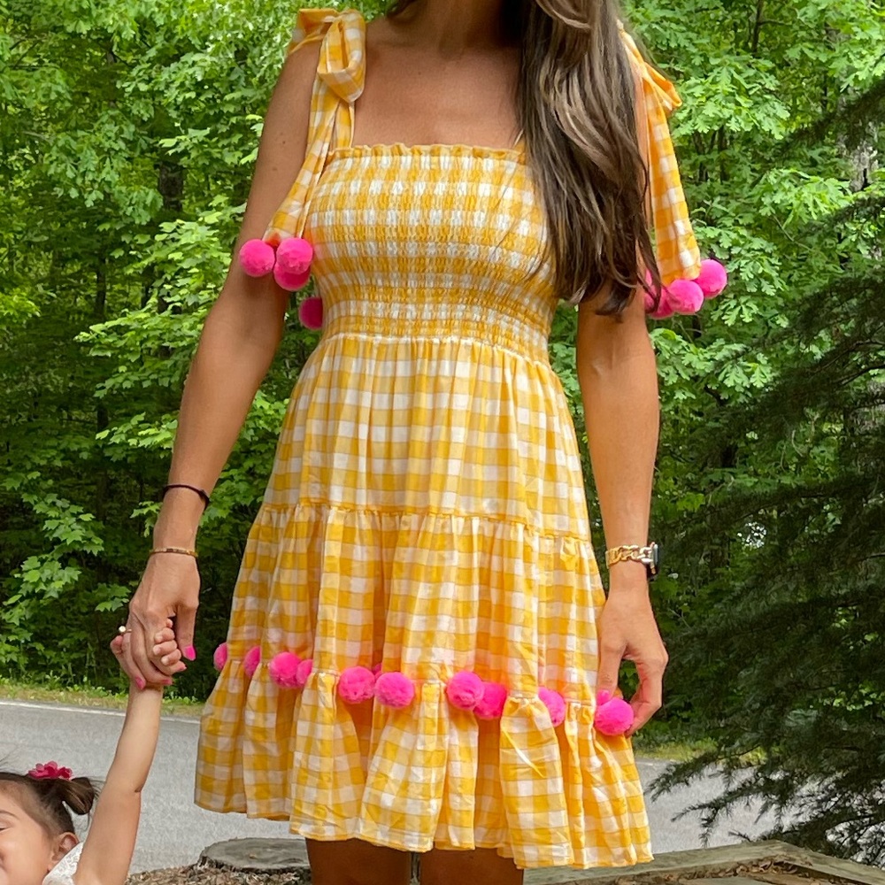Sundress yellow dress with hot pink puff detail